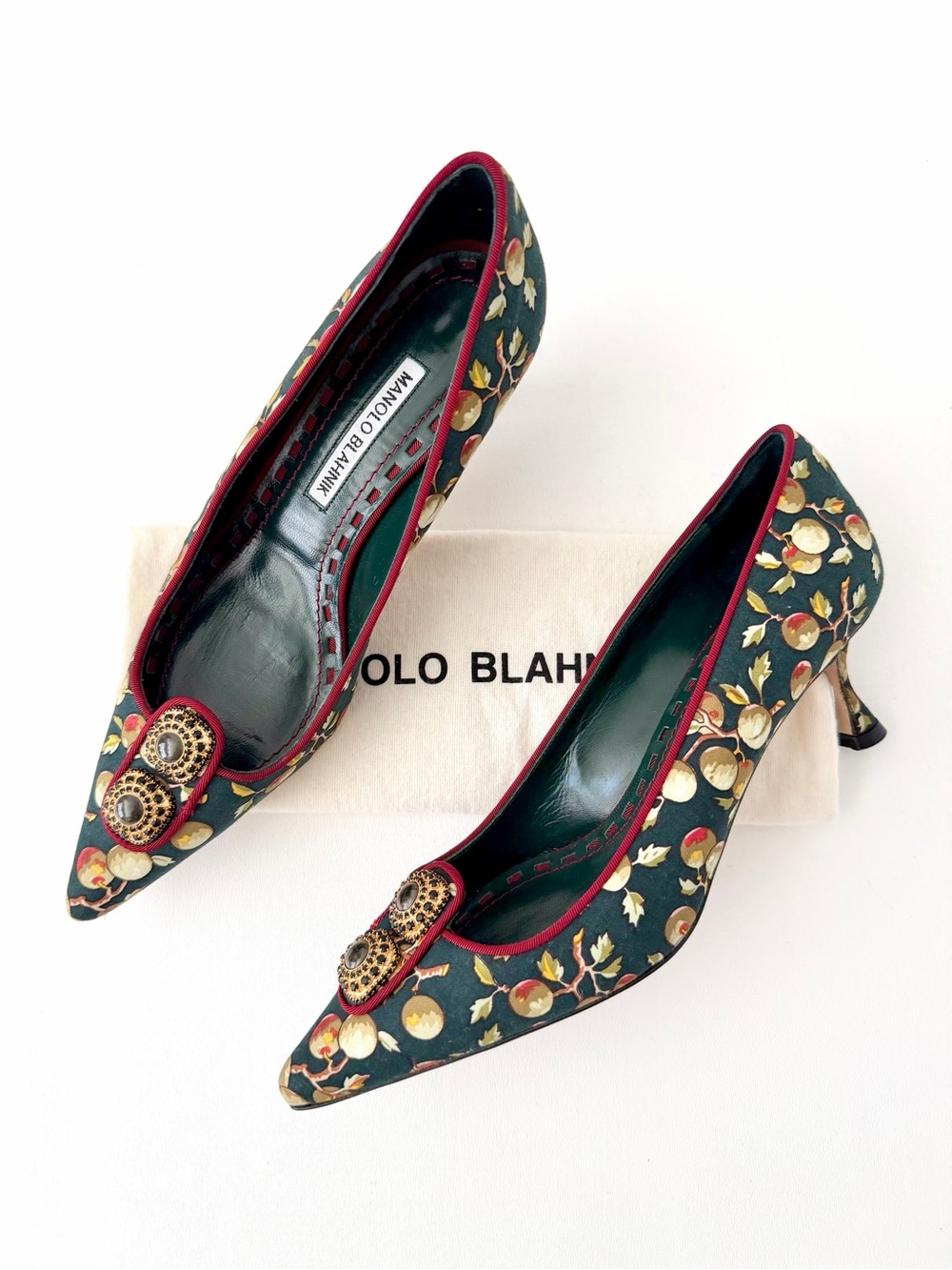 MANOLO BLAHNIK | Green Botanical Jewel Buckle Kitten‎ Heel Pointed Pumps EU 38.5